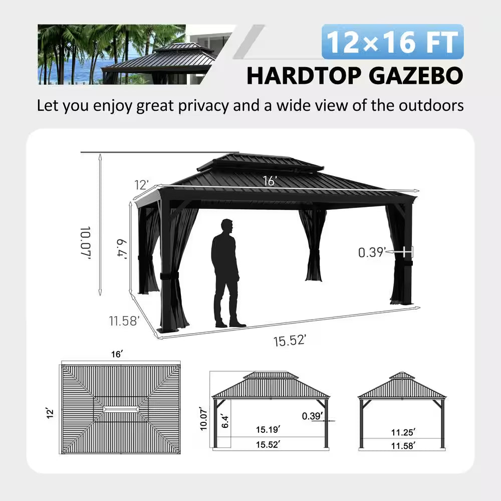16 Ft. W X 12 Ft. D Aluminum Hardtop Gazebo with Galvanized Double Roof and Textilene Netting