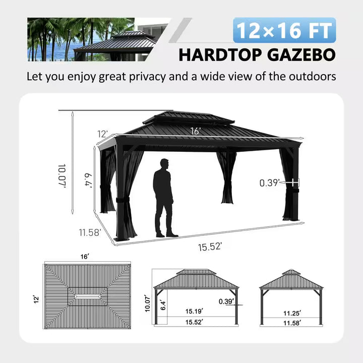 16 Ft. W X 12 Ft. D Aluminum Hardtop Gazebo with Galvanized Double Roof and Textilene Netting