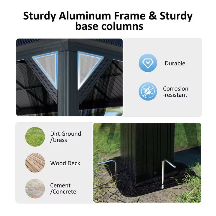 16 Ft. W X 12 Ft. D Aluminum Hardtop Gazebo with Galvanized Double Roof and Textilene Netting