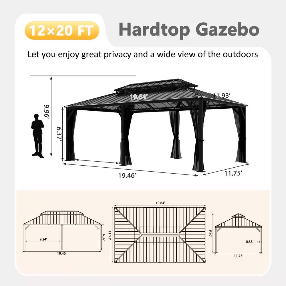 20 Ft. W X 12 Ft. D Double Hardtop Gazebo with Galvanized Steel Roof and Textilene Netting