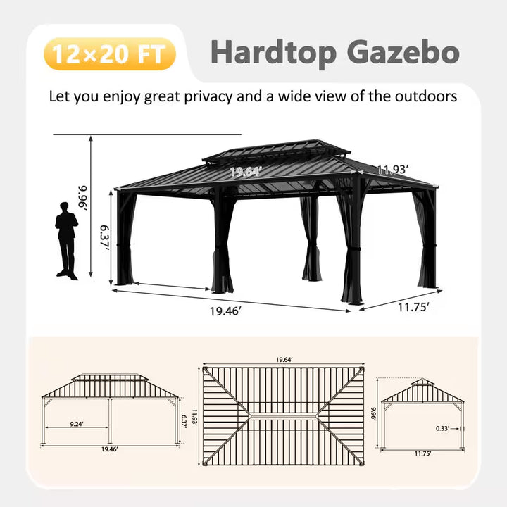 20 Ft. W X 12 Ft. D Double Hardtop Gazebo with Galvanized Steel Roof and Textilene Netting