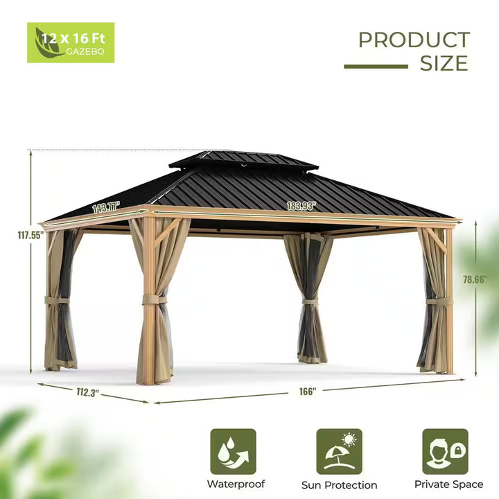 12 Ft. X 16 Ft. Double Roof Hardtop Wood Grain Aluminum Patio Gazebo with Netting and Khaki Curtains