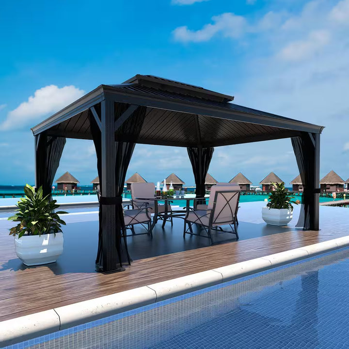16 Ft. W X 12 Ft. D Aluminum Hardtop Gazebo with Galvanized Double Roof and Textilene Netting