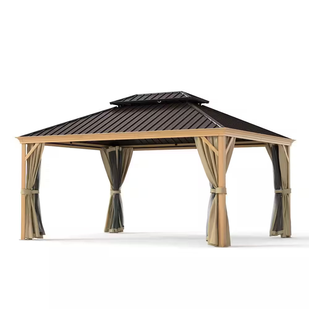 12 Ft. X 16 Ft. Double Roof Hardtop Wood Grain Aluminum Patio Gazebo with Netting and Khaki Curtains