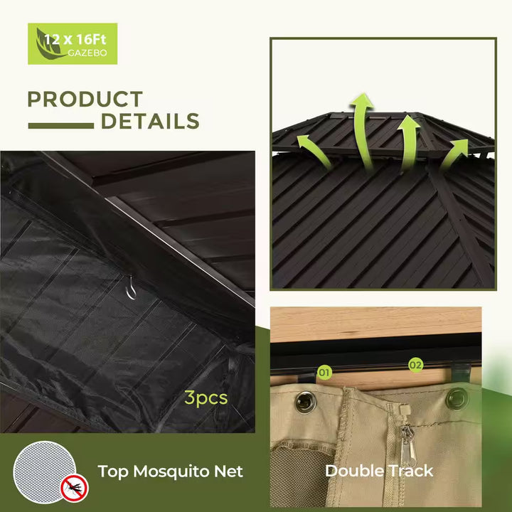 12 Ft. X 16 Ft. Double Roof Hardtop Wood Grain Aluminum Patio Gazebo with Netting and Khaki Curtains