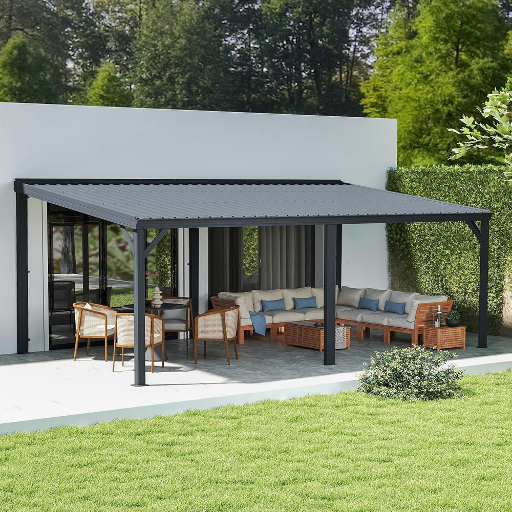 Domi 12' X 20' Lean to Gazebo Outdoor Wall Mounted Gazebo Pergola, Grey | Drainage System，Galvanized Steel Roof, Hardtop Patio Shelter for Deck, Porch, Backyard