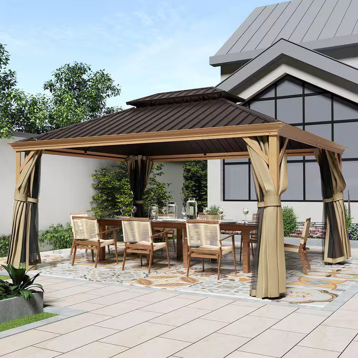 12 Ft. X 16 Ft. Double Roof Hardtop Wood Grain Aluminum Patio Gazebo with Netting and Khaki Curtains