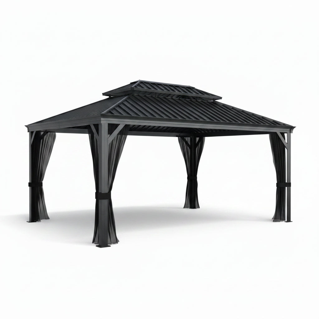 16 Ft. W X 12 Ft. D Aluminum Hardtop Gazebo with Galvanized Double Roof and Textilene Netting