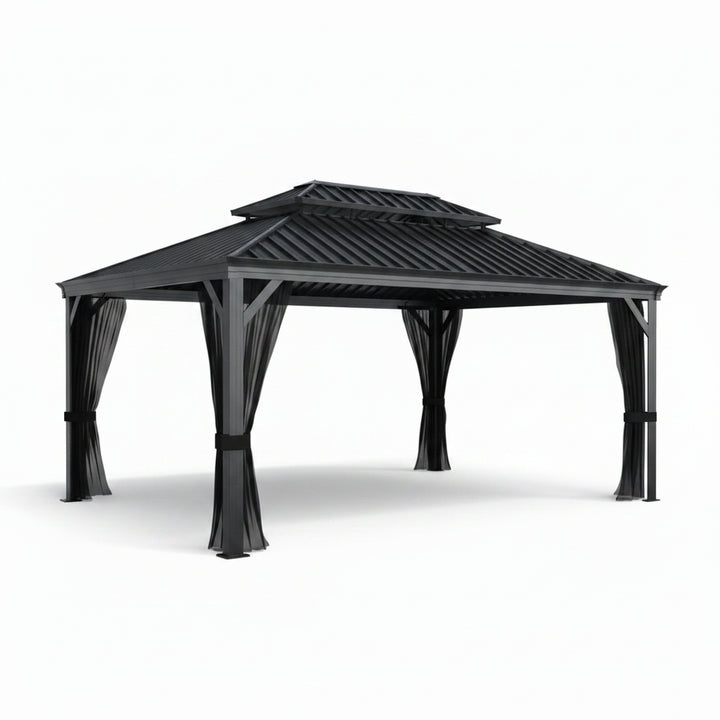 16 Ft. W X 12 Ft. D Aluminum Hardtop Gazebo with Galvanized Double Roof and Textilene Netting