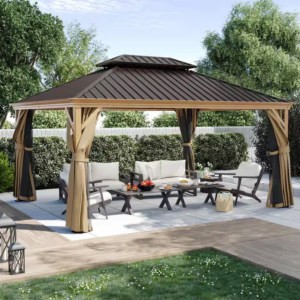 12 Ft. X 16 Ft. Double Roof Hardtop Wood Grain Aluminum Patio Gazebo with Netting and Khaki Curtains