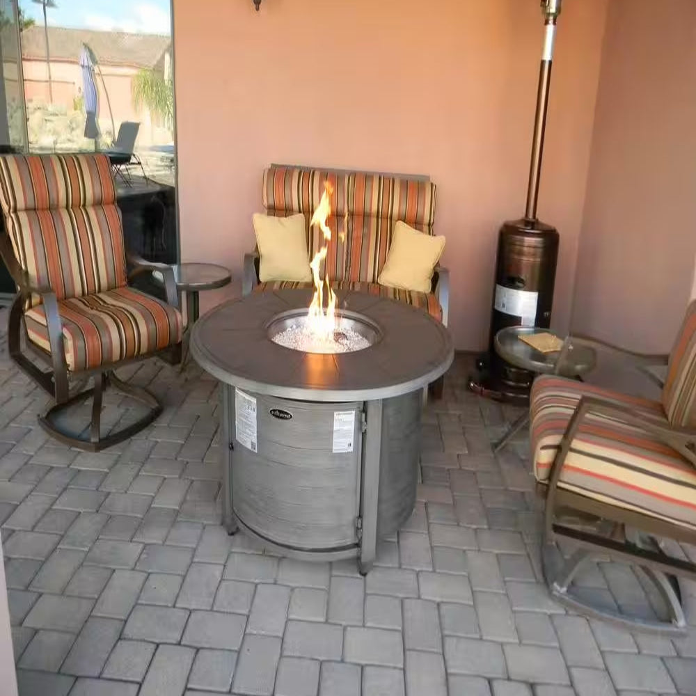 44 In. X 24 In. round Aluminum Propane Fire Pit in Brushed Wood Finish