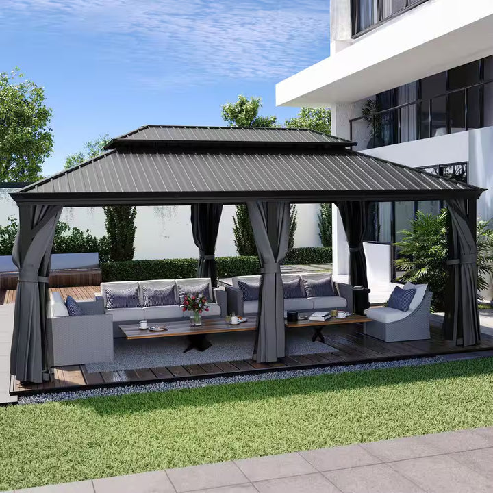 12 Ft. X 20 Ft. Double Roof Hardtop Aluminum Patio Gazebo with Netting and Gray Curtains