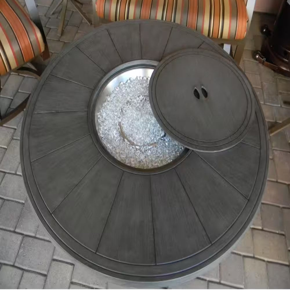44 In. X 24 In. round Aluminum Propane Fire Pit in Brushed Wood Finish