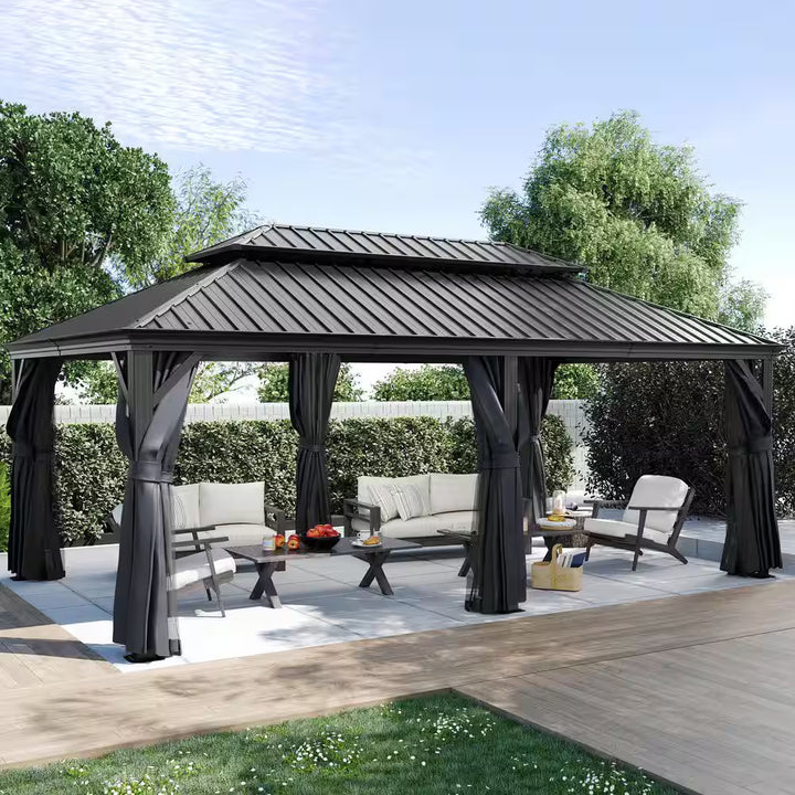 12 Ft. X 20 Ft. Double Roof Hardtop Aluminum Patio Gazebo with Netting and Gray Curtains