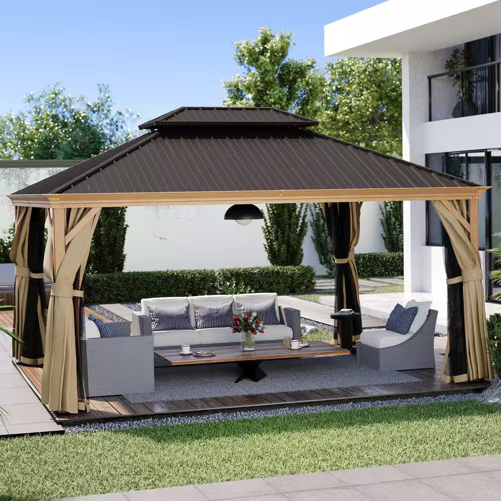 12 Ft. X 16 Ft. Double Roof Hardtop Wood Grain Aluminum Patio Gazebo with Netting and Khaki Curtains