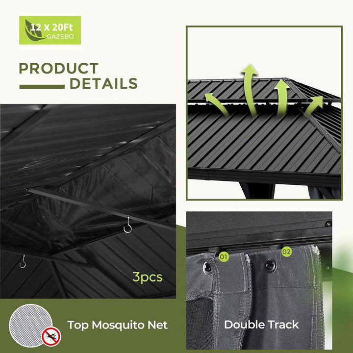 12 Ft. X 20 Ft. Double Roof Hardtop Aluminum Patio Gazebo with Netting and Gray Curtains
