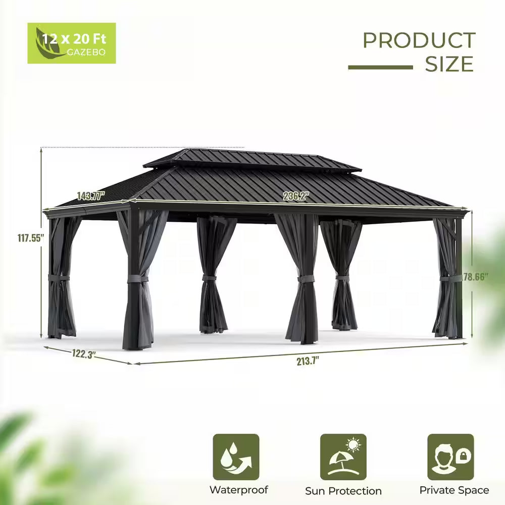 12 Ft. X 20 Ft. Double Roof Hardtop Aluminum Patio Gazebo with Netting and Gray Curtains