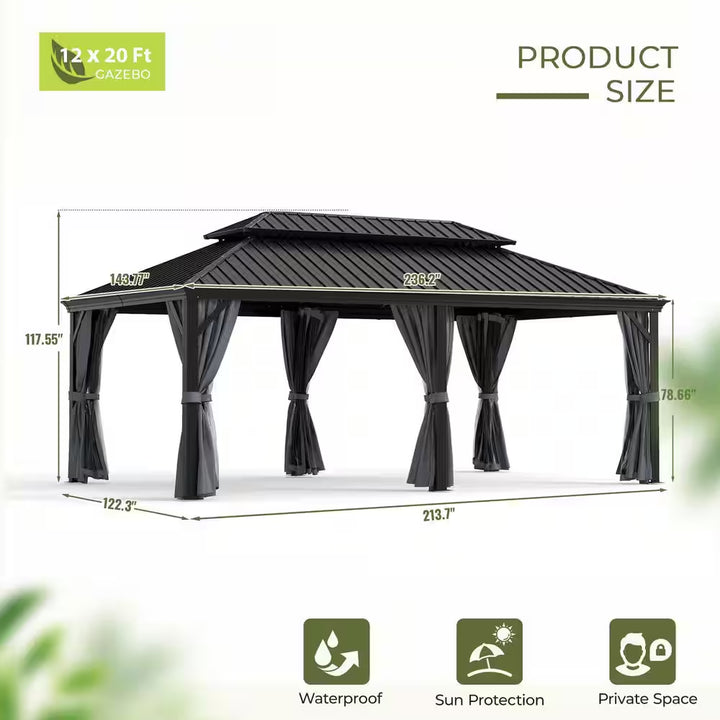 12 Ft. X 20 Ft. Double Roof Hardtop Aluminum Patio Gazebo with Netting and Gray Curtains