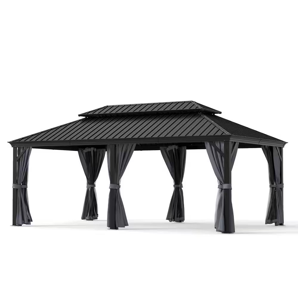 12 Ft. X 20 Ft. Double Roof Hardtop Aluminum Patio Gazebo with Netting and Gray Curtains