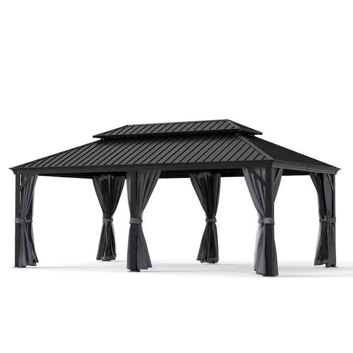 12 Ft. X 20 Ft. Double Roof Hardtop Aluminum Patio Gazebo with Netting and Gray Curtains