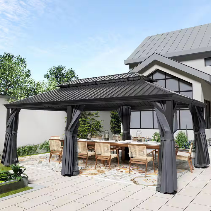 12 Ft. X 20 Ft. Double Roof Hardtop Aluminum Patio Gazebo with Netting and Gray Curtains