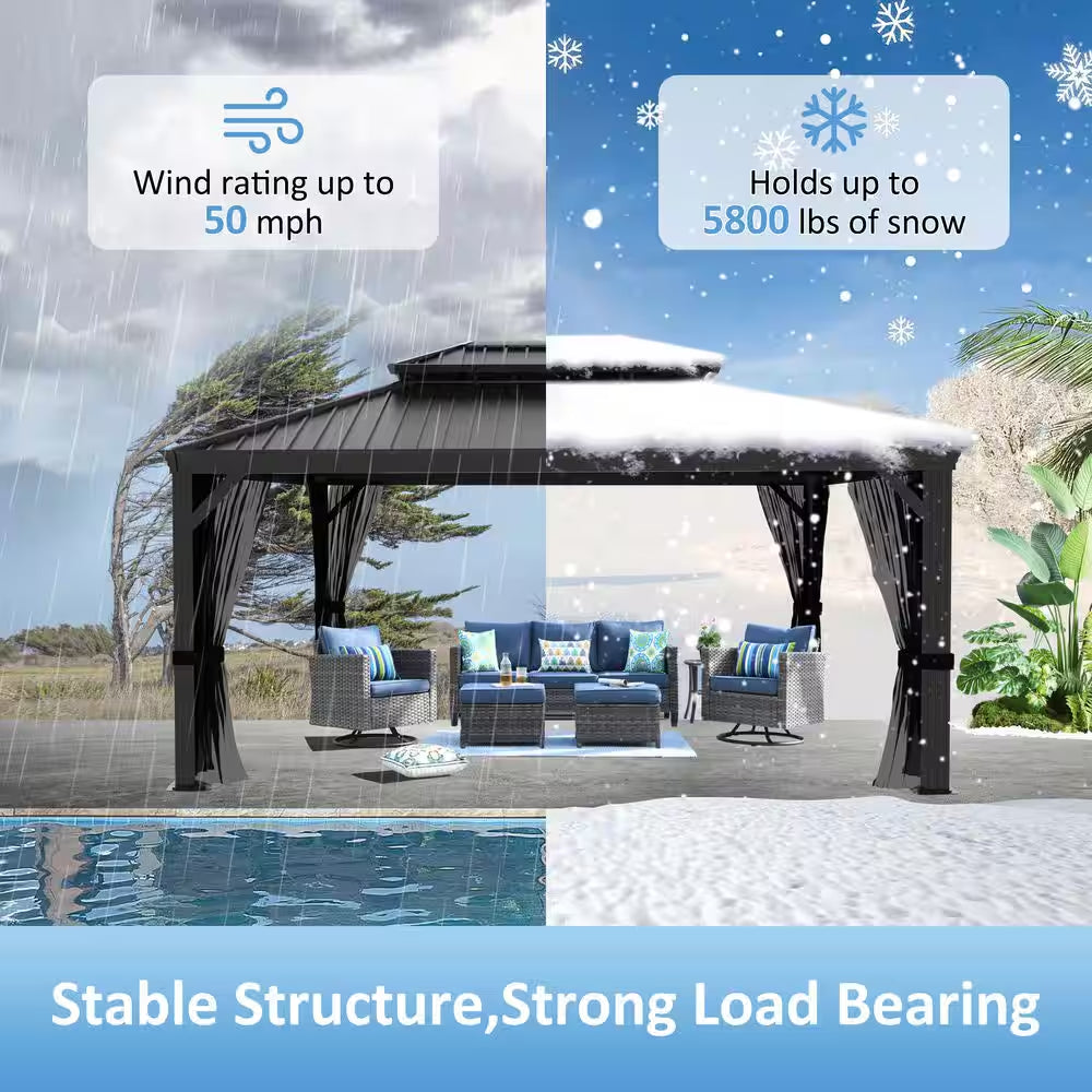 16 Ft. W X 12 Ft. D Aluminum Hardtop Gazebo with Galvanized Double Roof and Textilene Netting