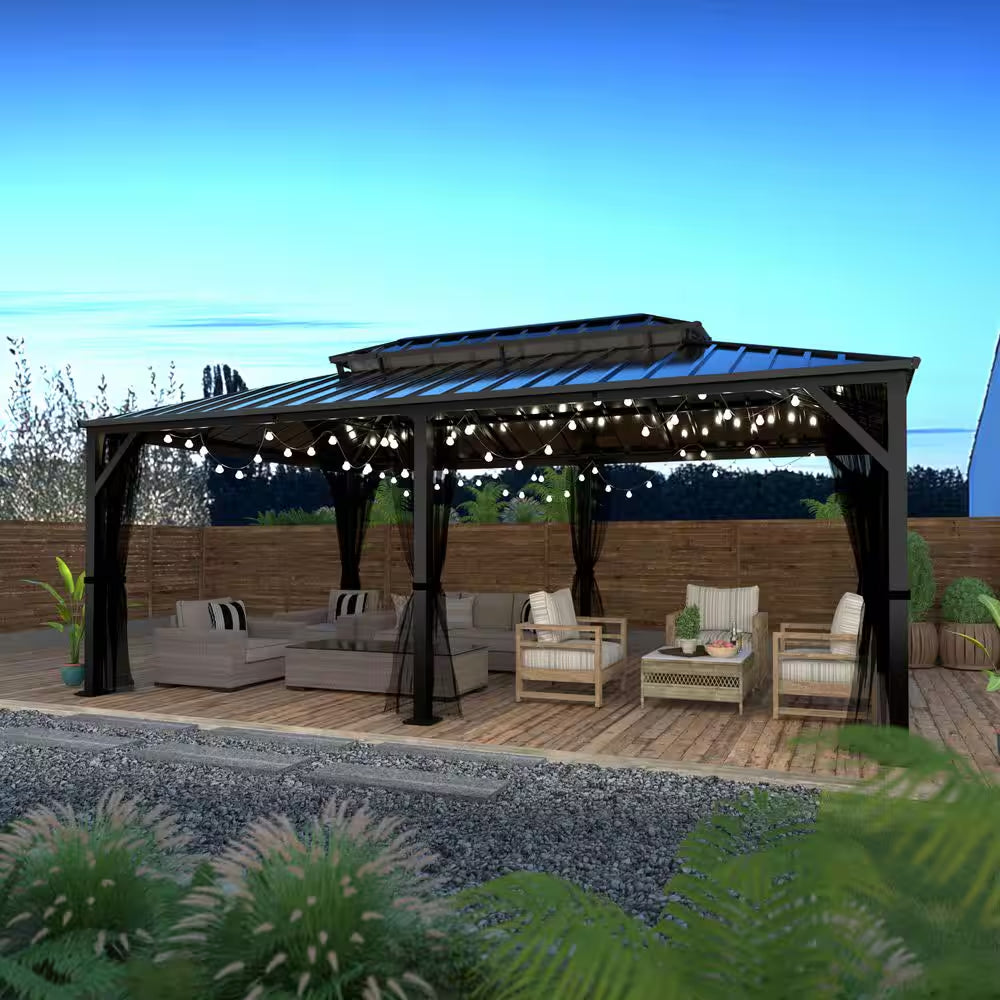 20 Ft. W X 12 Ft. D Double Hardtop Gazebo with Galvanized Steel Roof and Textilene Netting