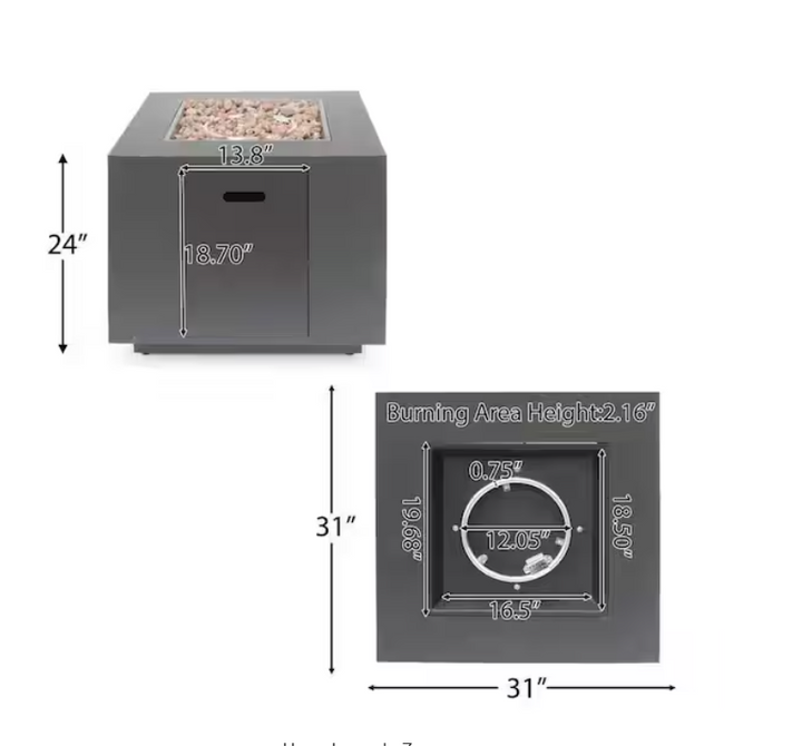33" Square Iron Propane Fire Pit — Brown, 50,000 BTU